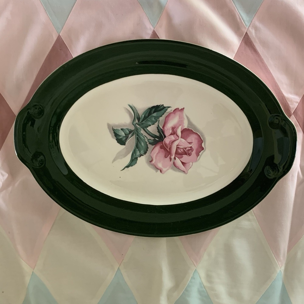 Taylor Smith Platter/Wall Hanging Plate Oval  Green Trim Pink Rhythm Rose